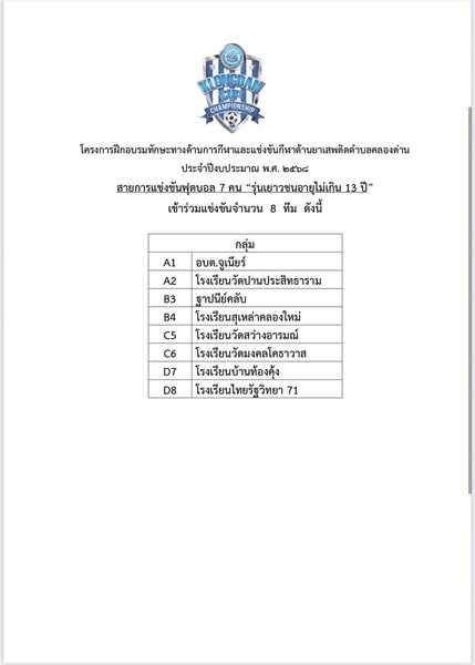 ประกาศผลและบรรยากาศการจับสลากประกบคู่ ฟุตบอลกีฬาต้านยาเสพติด รุ่นเยาวชน 8 ทีม และ ประชาชน 12 ทีม